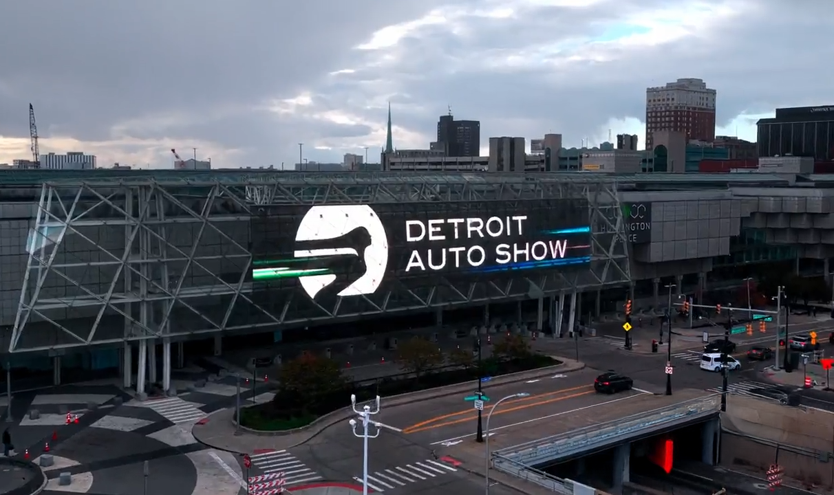 Aerial view of the front of the Detroit Auto Show building